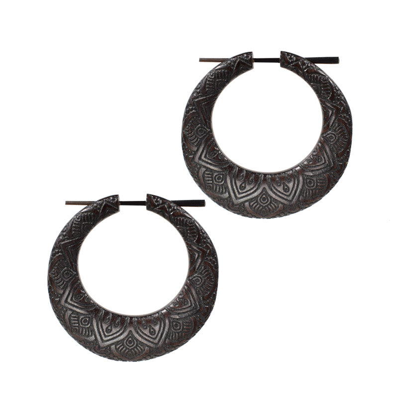 Wooden Hoop Earrings with Engraved Mandala Design
