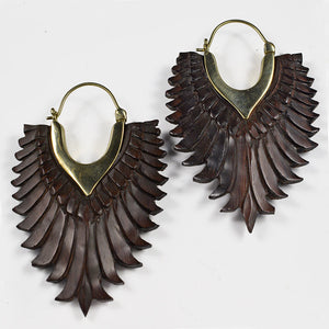 hand carved wooden earrings, large feather wings design
