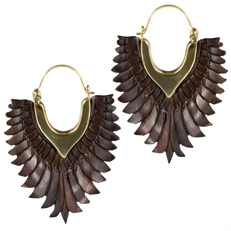 hand carved wooden earrings with feathered angel wings