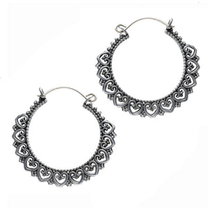 Heart Mandala Hoop Earrings in Silver Brass
