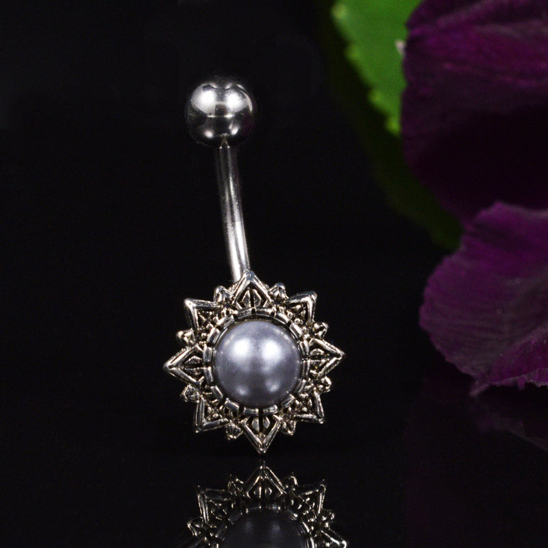 Antique Style Belly Bar with Blue-Grey Pearl 