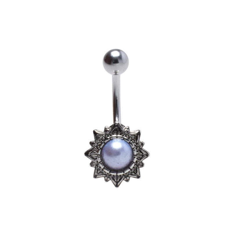 Antique Style Navel Bar with Blue-Grey Pearl