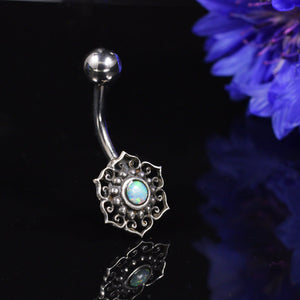 Silver Ended Navel Bar with Opal Stone 