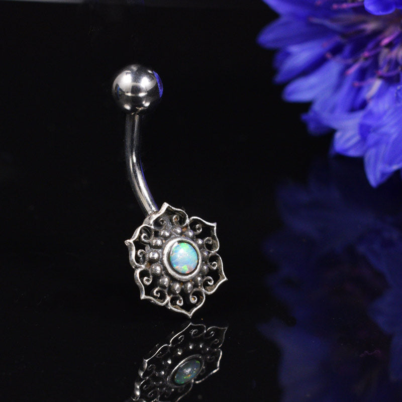 Silver Ended Navel Bar with Opal Stone 