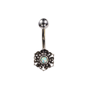 Silver Ended Navel Bar with Opal Stone