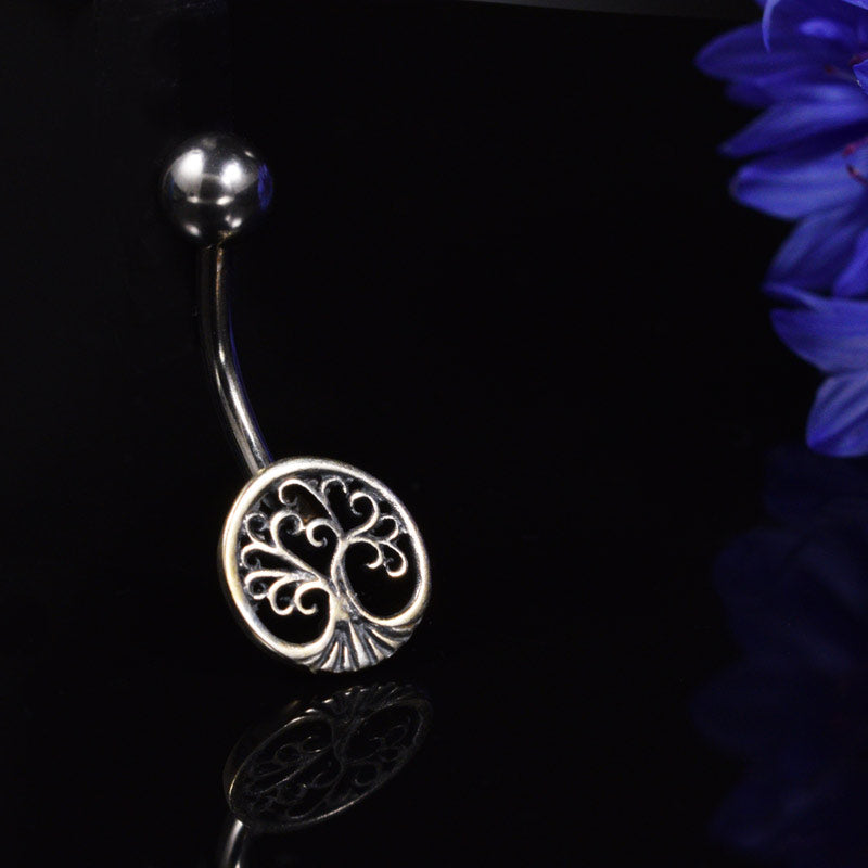 Silver Ended Navel Bar with Tree of Life Design 