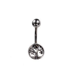 Silver Ended Navel Bar with Tree of Life Design