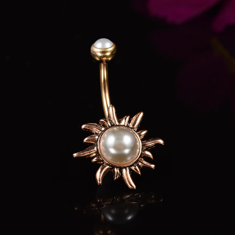 Rose Gold Navel Bar, Tribal Sun Design, with Pearl