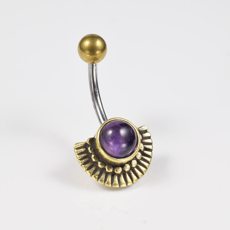 Vintage 'art deco' style navel bar with brass ends and an amethyst stone