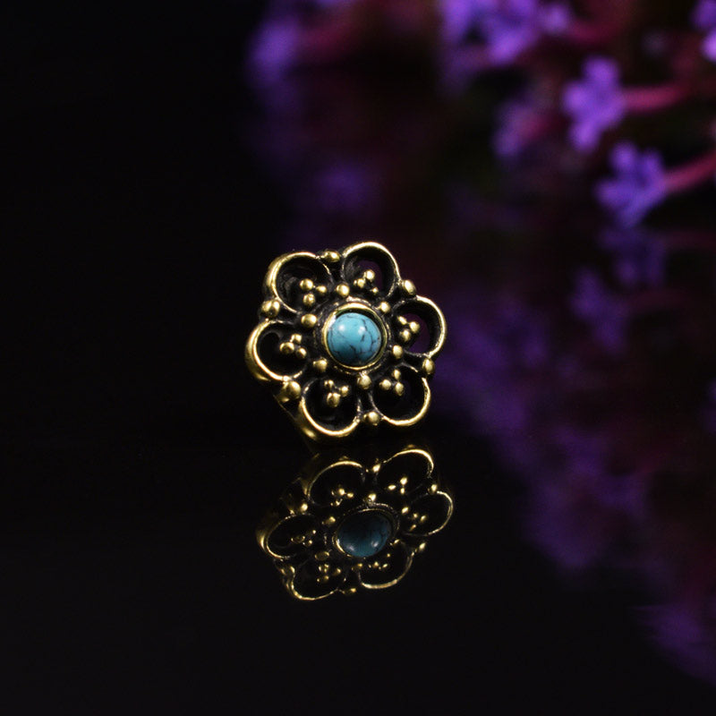 Tribal Indian Nose Stud, Brass with Turquoise Stone 
