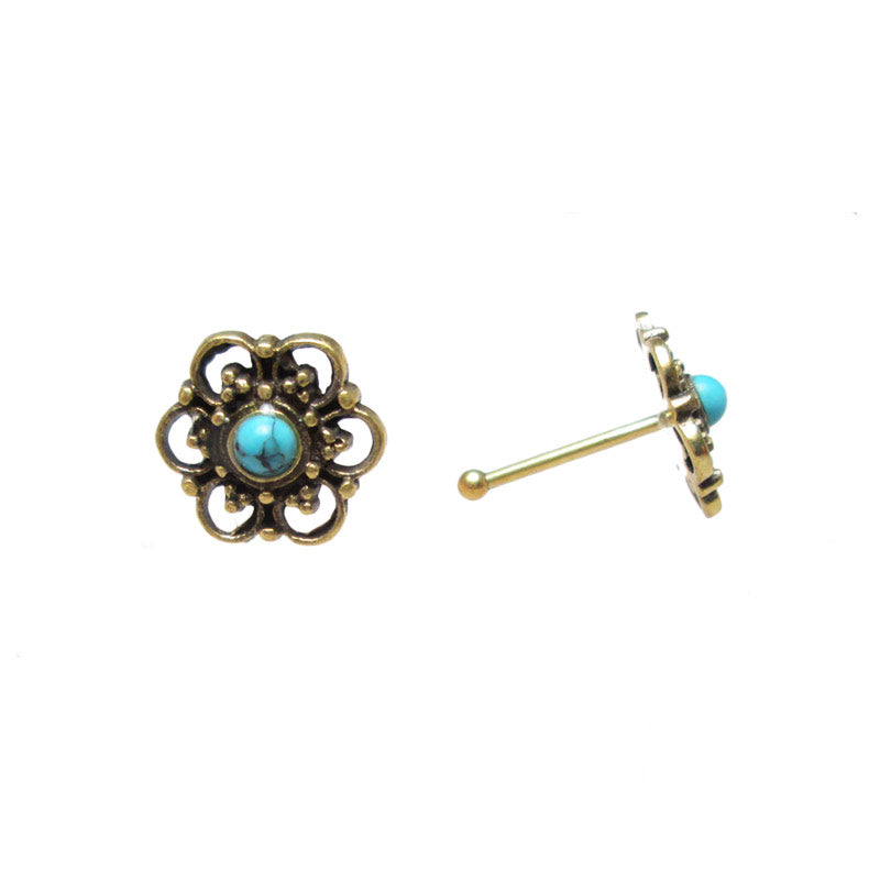 Tribal Indian Nose Stud, Brass with Turquoise Stone 'Bejir'