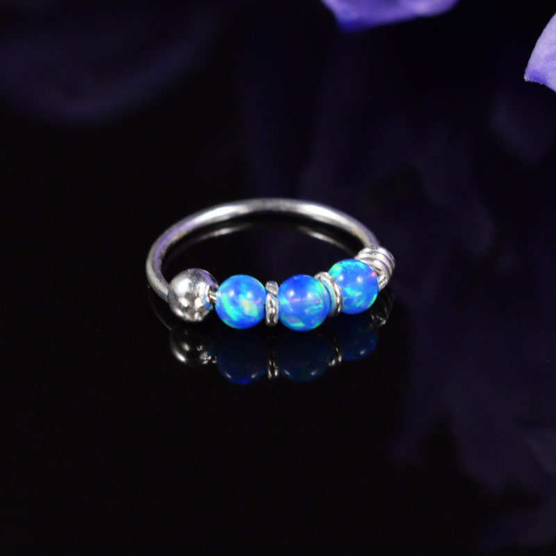 Small Silver Nose Ring with 3 Blue Opal Stones