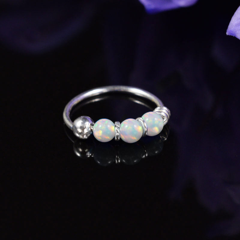 silver nose ring with opalite stones