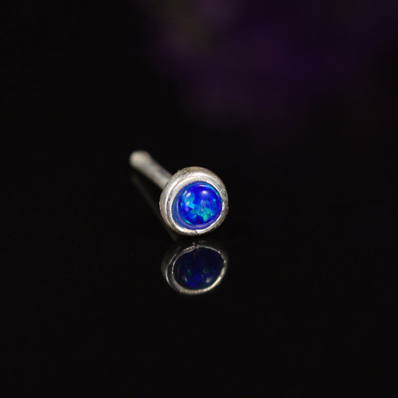 Silver nose pin, nose stud with deep blue opal stone