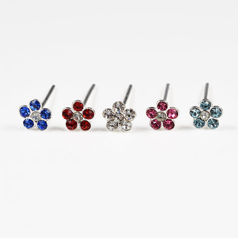 silver nose studs with crystal flowers