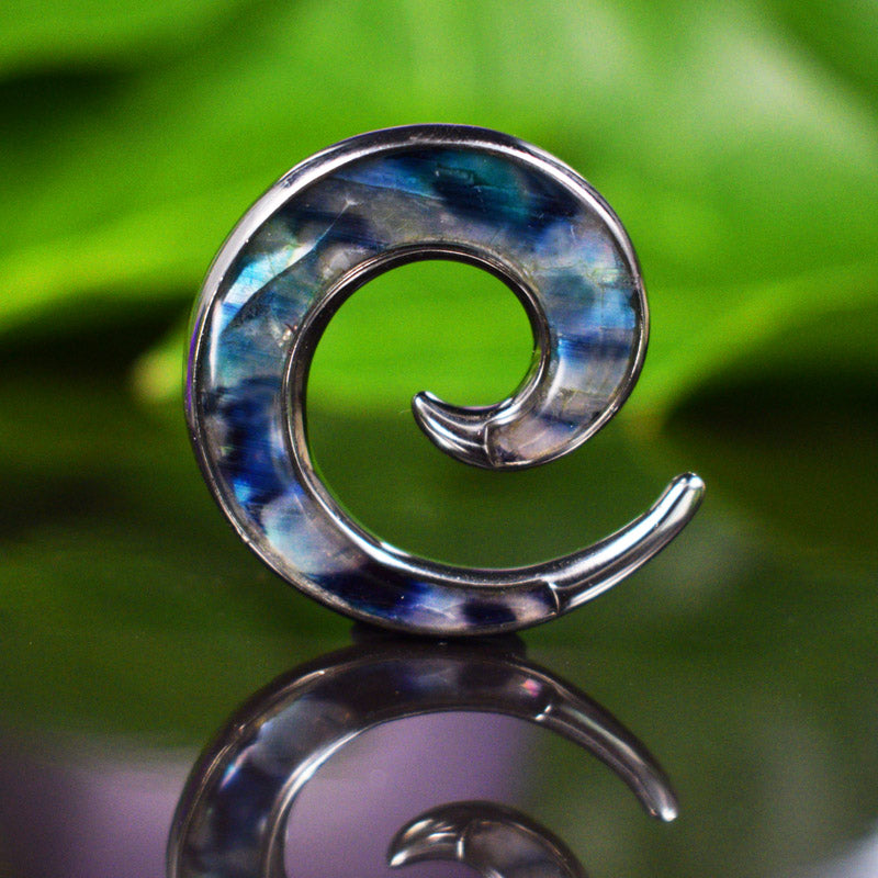 steel ear spiral for stretched ears with abalone inlay