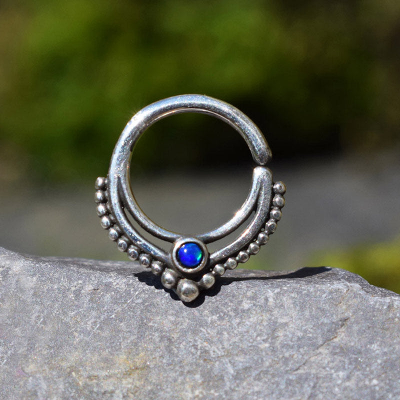 Silver Septum Ring with Deep Blue Opal 