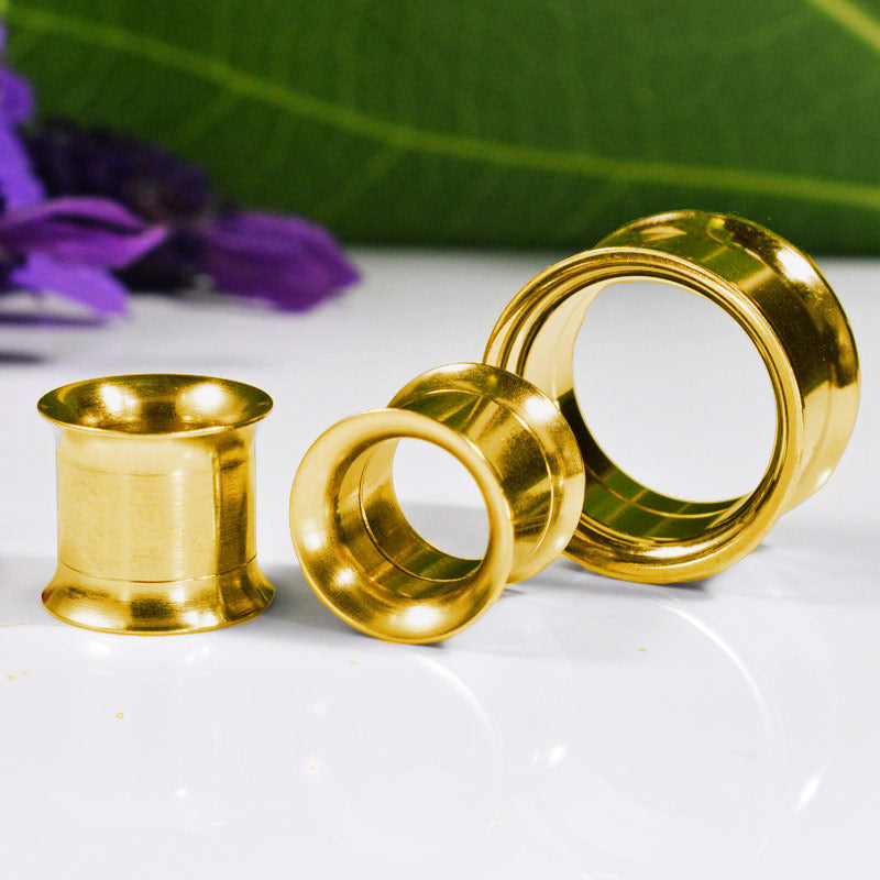 Internally Threaded Ear Tunnels in Gold Steel Arka