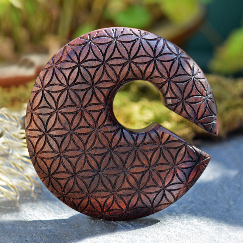 wooden ear hangers, disc design, engraved with the flower of life sacred geometry pattern