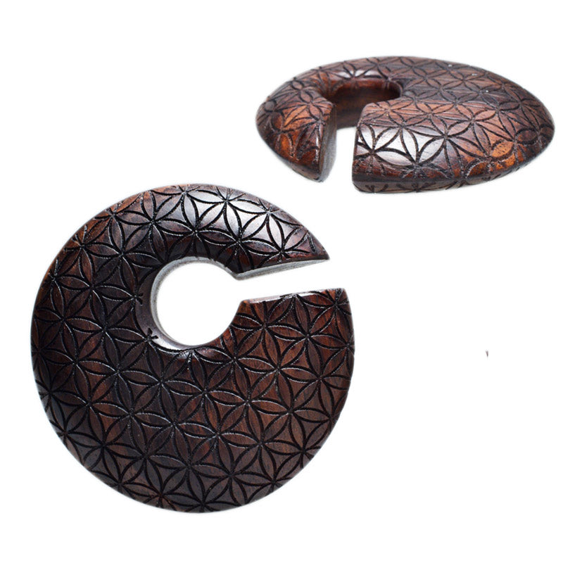 Flower of life engraved disc ear hangers in wood