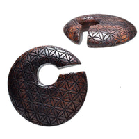 Flower of life engraved disc ear hangers in wood