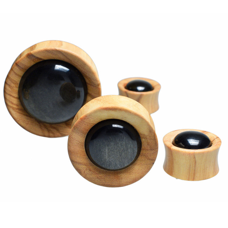 Olive Wood and Gold Obsidian Flesh Plugs