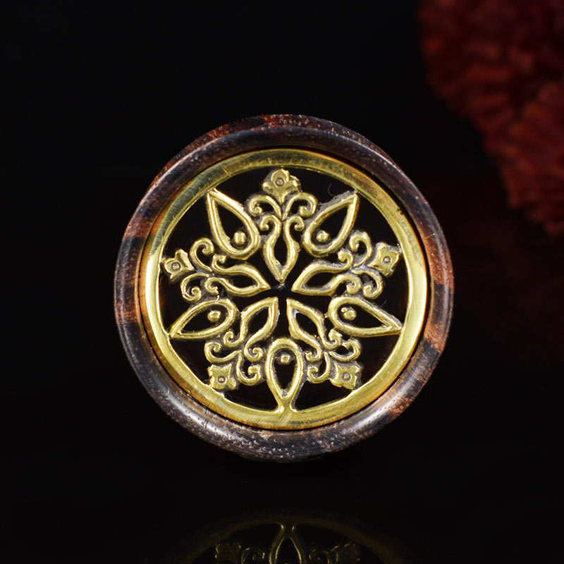 big wooden flesh tunnel with brass inlay
