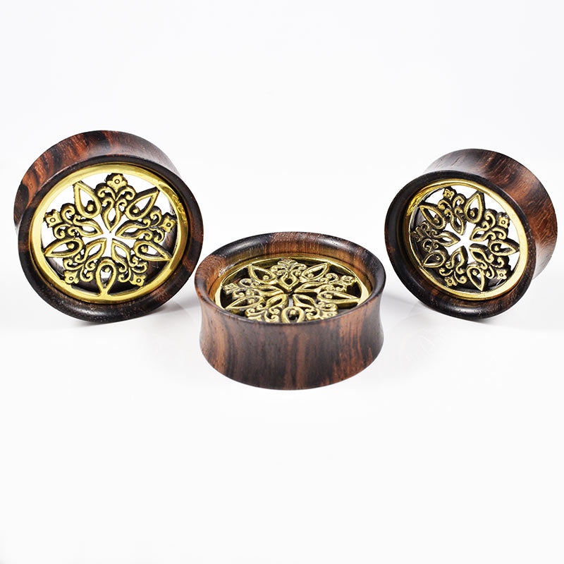 big wooden flesh tunnel with brass inlay 20mm, 26mm, 30mm