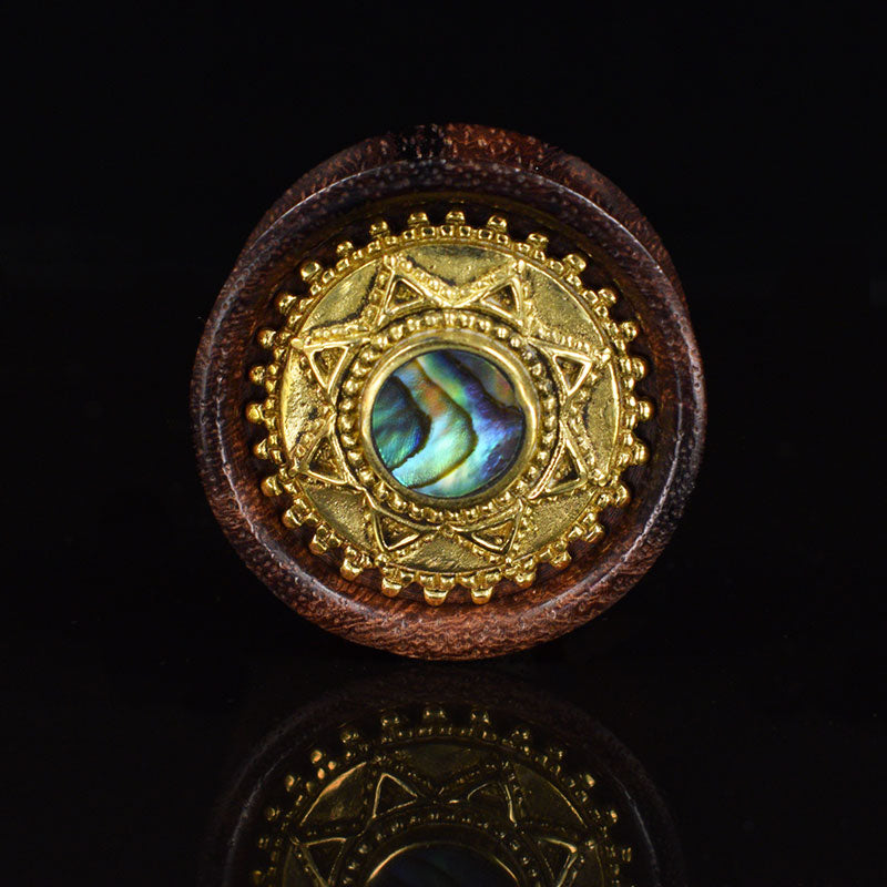 Magical Tribal Bali Brass and Wood Flesh Plugs with Abalone