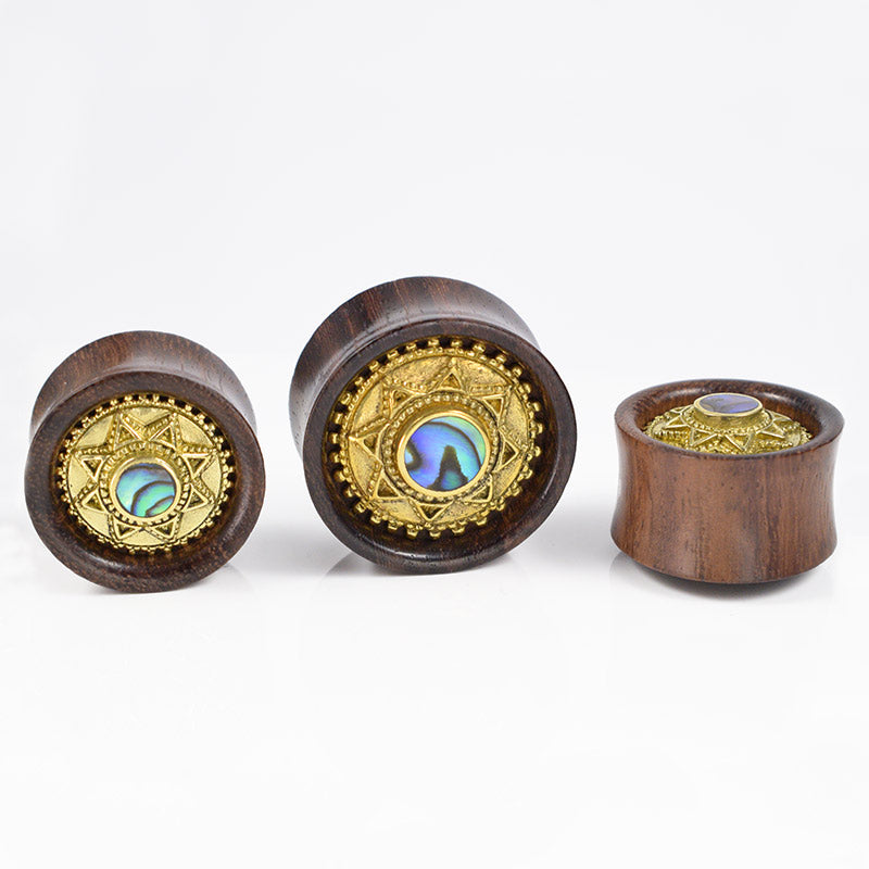  Tribal Bali Brass and Wood Flesh Plugs with Abalone