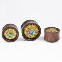  Tribal Bali Brass and Wood Flesh Plugs with Abalone