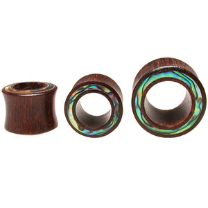 abalone shell rimmed flesh tunnels in tamarind wood