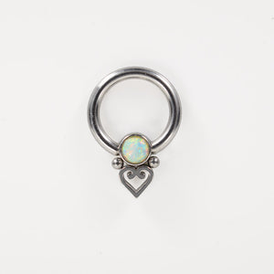 tiny bcr, 1.2mm x 6mm, surgical steel with opal stone and heart filigree