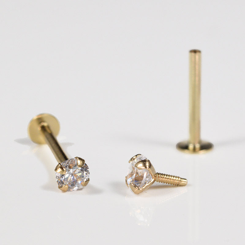 internally threaded gold labret stud with quality cz jewel crystal