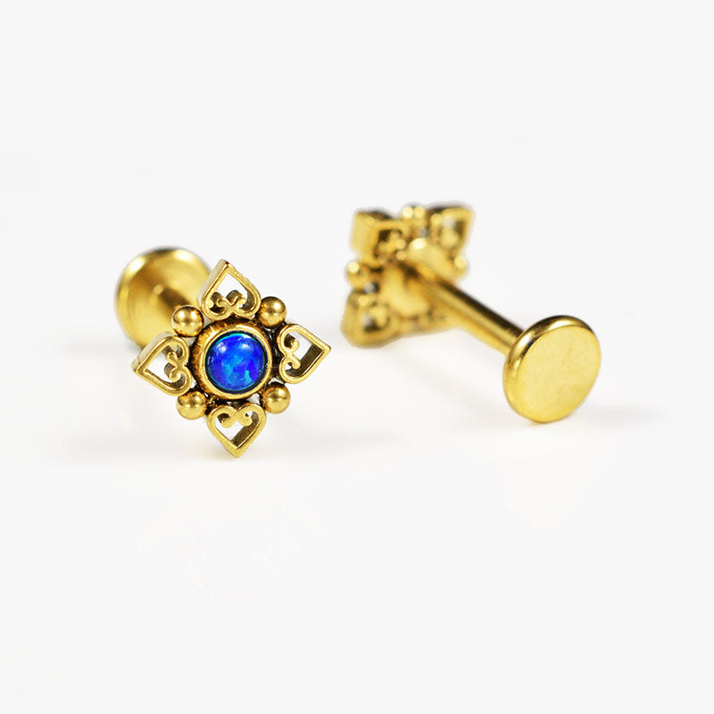 internally threaded gold pvd labret, tribal design, heart mandala with blue opal