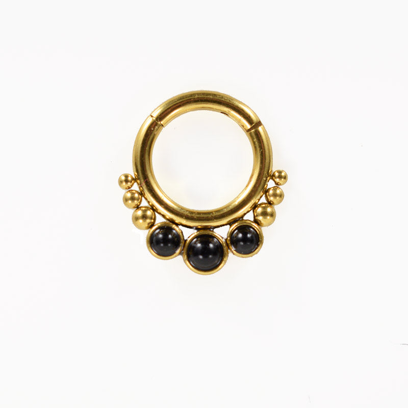 hinged segment ring, gold pvd surgical steel, with onyx stones