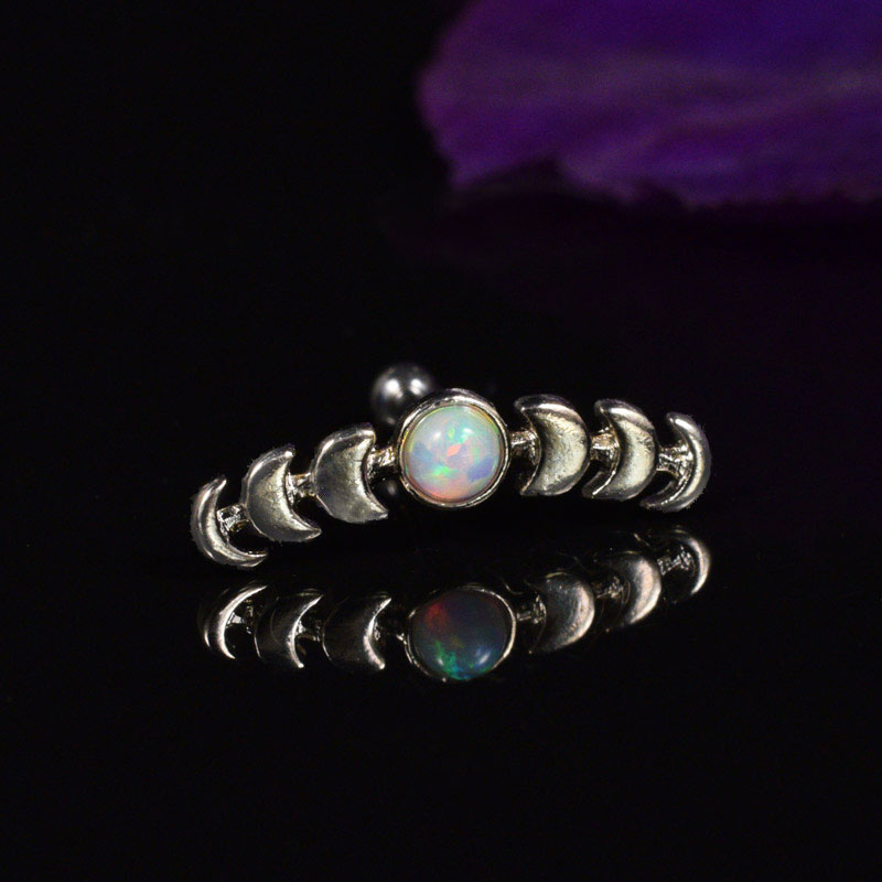 Moon Phases Ear Bar with Opal Moon, Wicca, Witch Piercing Bar